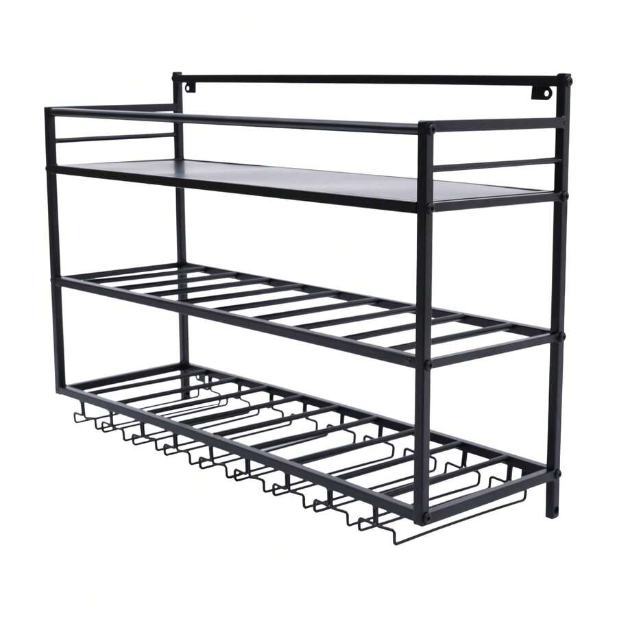 YUNRUX Wall-Mounted Wine Rack With Glass Holder, Metal Bottle Rack With 3 Tiers For 9 Bottles, Wine Stand With Cup Shelf, Suitable For Kitchen, 31.5 * 9.8 * 21.6 Inches - 黑色 - 查看 1