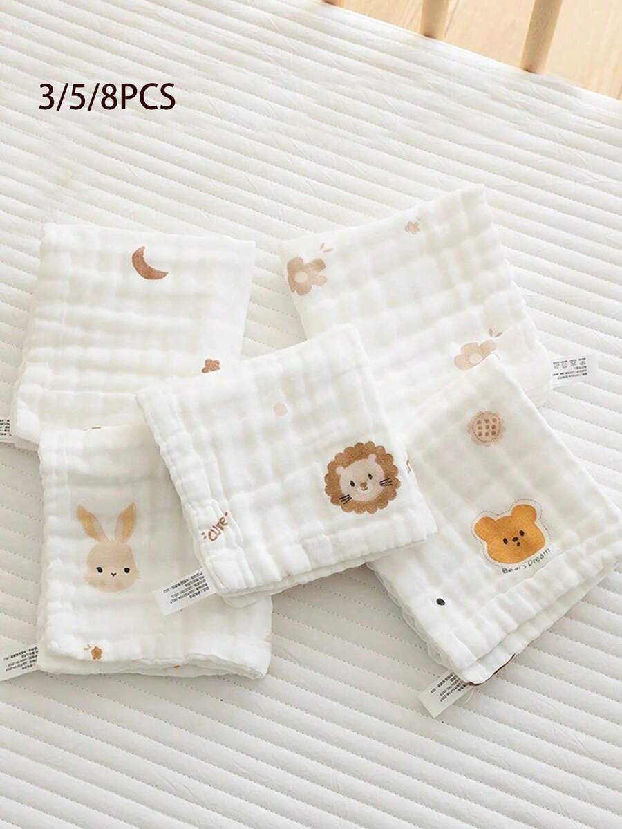 3/5/8件装随机图案卡通可爱婴儿围兜，新生儿纯棉柔软小方巾，婴儿专用洗脸巾，儿童纱布巾 - 白色 - 查看 1