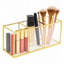3-Compartment Makeup Brush Holder Glass And Brass Cosmetic Storage - 金色 - 查看 2
