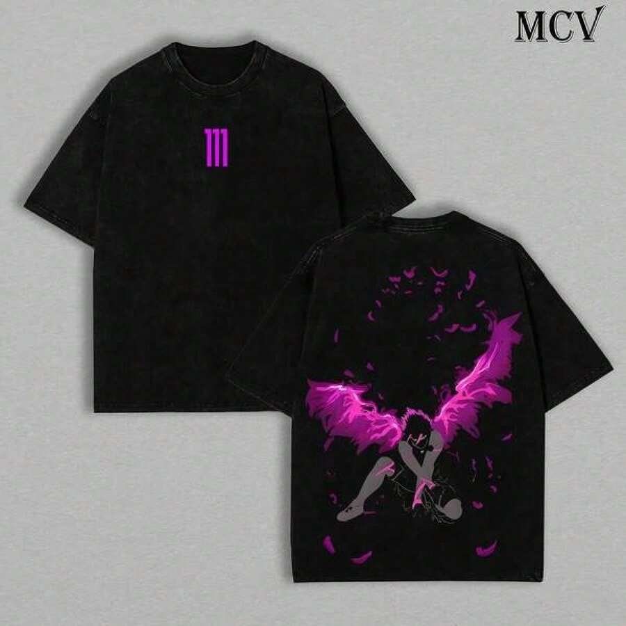 Unisex Short-Sleeved T-Shirt With Print, Round Neck, 100% Pure Cotton, Soft And Breathable Fabric, Casual Style Ideal For Spring And Summer, Comfortable Everyday Wear - 黑色 - 查看 1