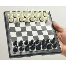Portable Folding Chess Set With Storage Compartment, Suitable For Travel, Home, Outdoor, Party Table Games, Easy For Beginners Gift, Chess Board Strategy Game, Parent-Child Educational Interactive Game, Foldable For Easy Storage, Parent-Child Educational Leisure Table Game, Includes Chess Pieces And Checkers - Black and White - View 4