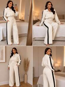 Women's Two-Piece Set: Long-Sleeved Jacket And Wide-Leg Pants - Off-white With Black Stripe - View 1