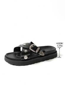 Sepatu Wanita Modis Warna Polos dengan Potongan Lebar, Sandal Gaya Punk dengan Gesper Paku Keling Logam, Sandal Selop Platform dengan Tali Silang Paku Keling Logam, Sandal Kasual Musim Panas - Hitam - View 8