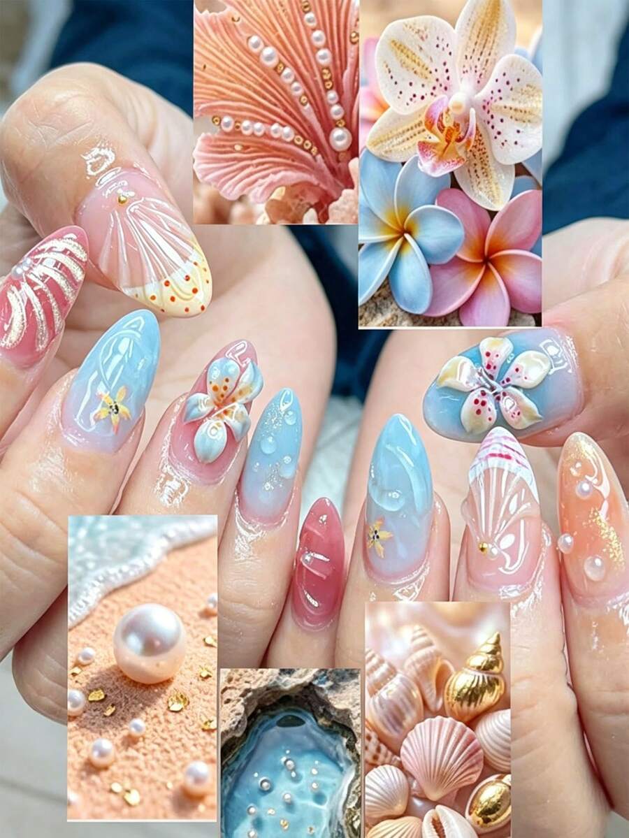 30片海洋風壓貼式假指甲貼,杏仁形,附3D貝殼與花卉圖案、紮染水滴與珍珠金珠裝飾,亮面全覆蓋美甲用品,適合女孩與女性,度假、日常穿戴,夏季海灘必備 - 彩色 - 查看 1