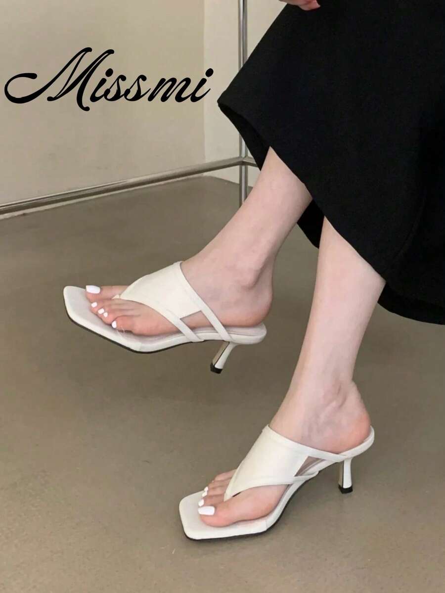 2026 New French Elegant Square Toe Wedge Sandals, Silver High Heel Thong Slippers For Summer - White - View 1