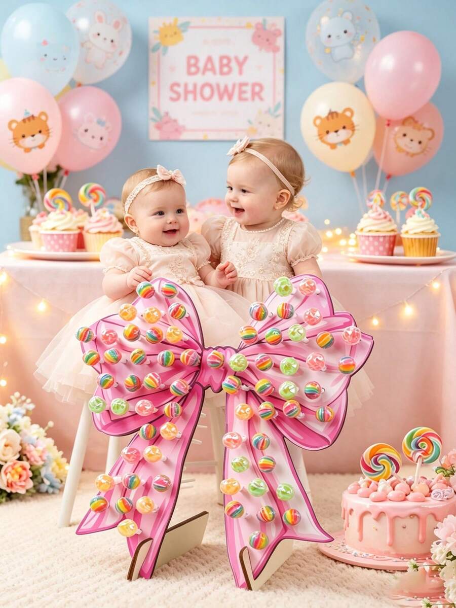 1pc Pink Bow Lollipop Display Stand - Wooden Dessert Rack, Suitable For Baby Shower, Gender Reveal And Birthday Party Decoration, Baby Shower Decoration, Home Kitchen Table Centerpiece, Lollipop Display Stand, Wedding Party Supplies