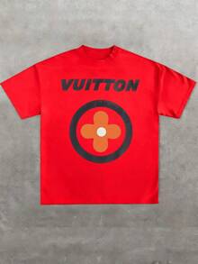Retro Casual T-Shirt With Floral Emblem, 100% Cotton, 1 Piece, Vintage Style, Graphic Print, Short Sleeve Summer T-Shirt, Modern Urban Clothing - 紅色 - 查看 1