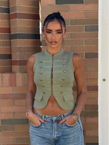 MUMRAP Áo vest len dệt kim nữ thời trang mùa hè, màu trơn, phong cách casual, có cúc - màu xanh lá - Xem 1