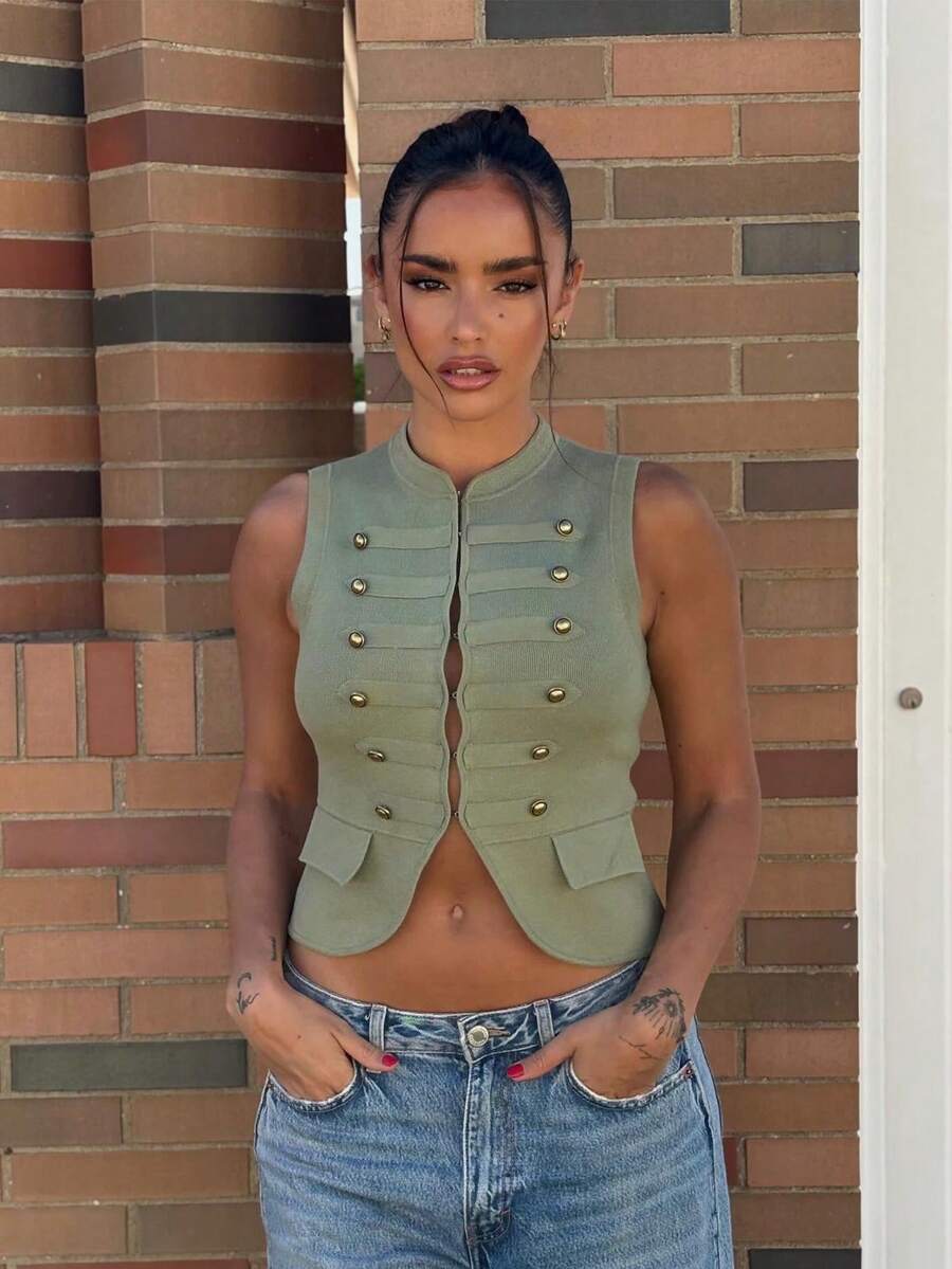 MUMRAP Áo vest len dệt kim nữ thời trang mùa hè, màu trơn, phong cách casual, có cúc - màu xanh lá - Xem 1