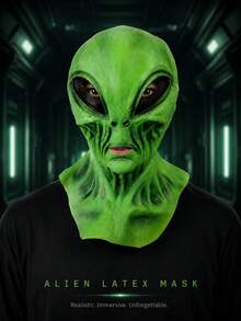 逼真綠色外星人乳膠全頭面具，萬聖節角色扮演派對服裝頭飾 - A - 查看 3