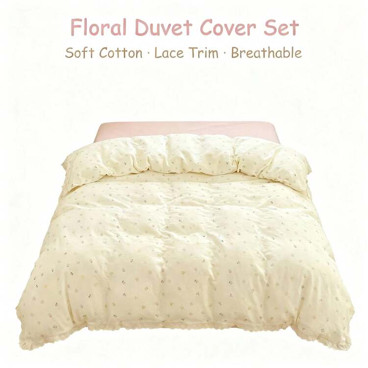 Vỏ chăn bông họa tiết hoa viền ren - Vải cotton pha mềm mại phong cách đồng quê, phong cách Cottagecore lãng mạn cho phòng ngủ - trắng - Xem 6