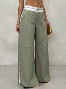 Vaiaye Women's Spring/Summer Colorblock High-Waist Wide-Leg Pants - Casual Linen Blend Long Pants, Suitable For Daily Casual & Office Business - Green - View 5