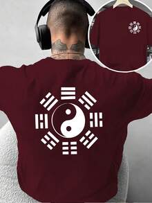 Men's Fashion T-Shirt With Creative Double-Sided Print, Featuring Tai Chi And Bagua Motifs, Short Sleeves, Chinese Zen Style, Artistic And Versatile, Suitable For Casual Wear At Home Or Activewear. - 黑色 - 查看 7