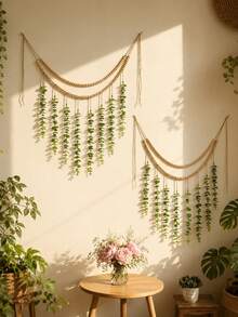 2pcs Bohemian Style Artificial Eucalyptus Wall Decor, Fake Green Wall Decoration, Farmhouse Wreath, Boho Plant Wall Art, Suitable For Bedroom, Bathroom, Living Room, Nursery, Kitchen, Minimalist Wall Decor, Apartment, Dorm And Home Decoration. Realistic Greenery, Boho Faux Plant Tassel Wreath, Natural Style Hanging Decor - Green - View 8