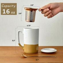 - Taza de t de cermica con infusor de hojas sueltas, cuchara y tapa, taza de caf de 16 onzas, apta para microondas y lavaplatos, esmalte de cermica mate rstico, colador de t - Ámbar - Ver 4