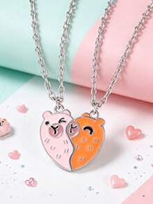 2 Pcs/Set Capybara Best Friends Pendant Necklace For Friends For School Lover Popular Geometry Adjustable Double Chain Couple Necklace Jewelry Gifts - one-size - View 8