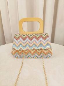 Women's Straw & Velvet Evening Bag With Chain Strap, Suitable For Beach And Formal Parties - Green - View 10