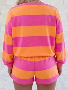 Acelitt Women's Pink & Orange Wide Striped Crew Neck Top & Drawstring Shorts 2 Pieces Casual Set Elegant - Multicolor - View 2