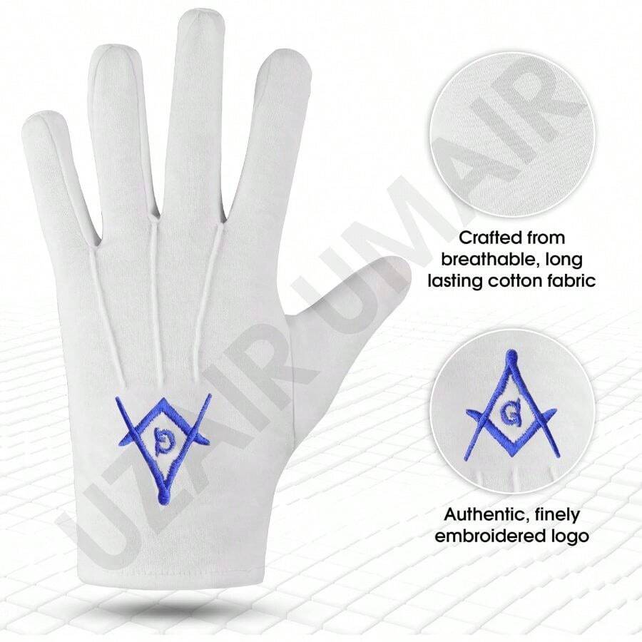 Masonic Blue Square And Compass Large Cotton Embroidered Gloves - Multicolor - View 1