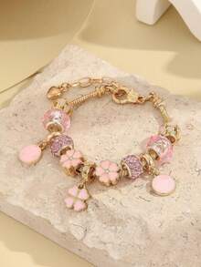 1pc Luxury Gold Powder Cherry Blossom Four-Leaf Clover Beaded Bracelet With Heart Hollow Bead And Pink Crystal Round Pendant, Lucky Gift Bangle - Multicolor - View 3