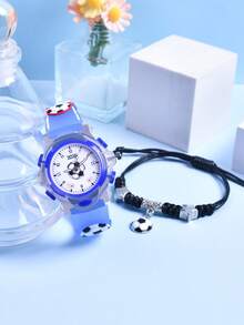 2pcs Boys Gift Set Silicone Strap Soccer Sports Watch Creative Design LED Luminous Student Quartz Wristwatch Adjustable Braided Rope Soccer Bracelet - Blue - View 6