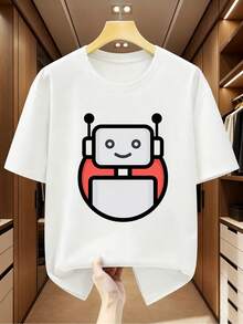 Men's T-Shirts 2026 Men's T-Shirts Plus Size Men's 100% Cotton Short Sleeve T-Shirt With Cartoon Robot Print, Comfortable And Casual Short Sleeve T-Shirt - 白色 - 查看 1