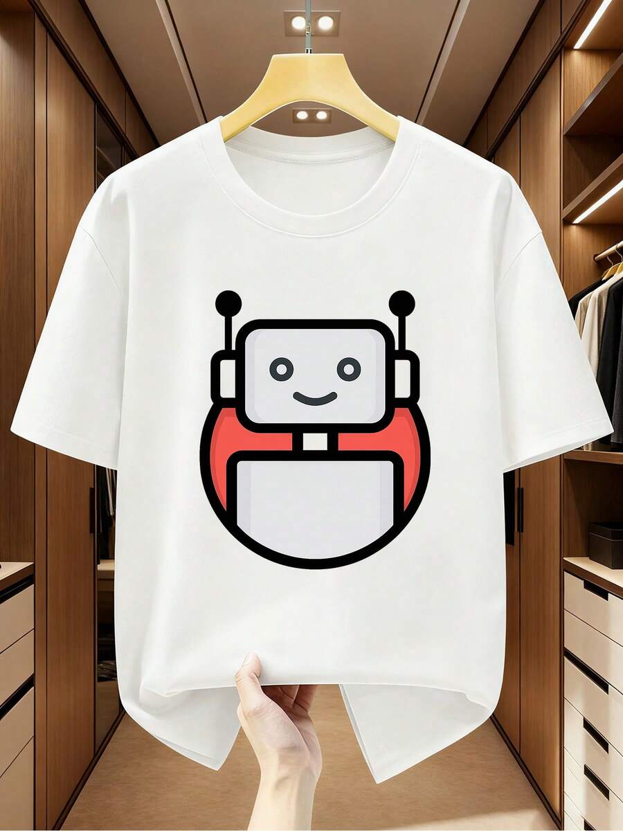 Men's T-Shirts 2026 Men's T-Shirts Plus Size Men's 100% Cotton Short Sleeve T-Shirt With Cartoon Robot Print, Comfortable And Casual Short Sleeve T-Shirt - 白色 - 查看 1