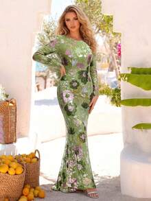 Romagic Multi-Color Olive Green Sequin Long Sleeve Round Neck Maxi Evening Dress, Floor Length Formal Gown For Weddings, Galas And Parties - Olive Green - View 1