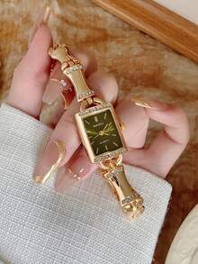 1件女款優雅金色手鐲手錶，小巧耐用時尚方形錶盤，迷人禮物，適合日常佩戴 - 金色 - 查看 3