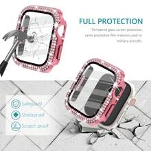 Casing Pelindung Berkilau dengan Pelindung Layar, Casing Pelindung Berlian Imitasi Penuh Kompatibel dengan Apple Watch 38mm 40mm 41mm 42mm 44mm 45mm 46mm, Cocok untuk Apple Watch SE Seri 11/10/9/8/7/6/5/4/3/2/1, Merah Muda Mawar - mawar merah muda - View 3