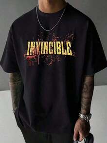 Minimalista. 100% Algodón. 1 paquete. Ropa de hombre; Camisetas de Verano para Hombre - Camiseta Azul Claro de Corte Holgado con Estampado "Invencible" en Amarillo Brillante y Diseño de Salp - Multicolor - Ver 1