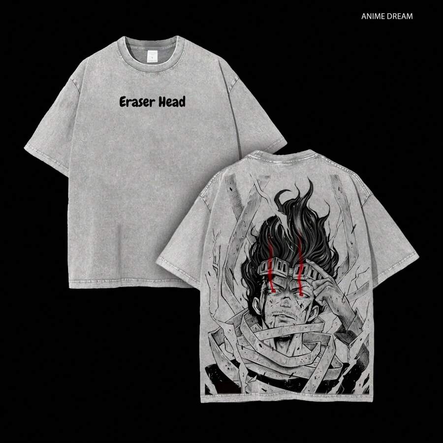 Camiseta de Algodón Grueso de Talla Unisex con Doble Estampado Vintage de Shota Aizawa de My Academia para Fanáticos y Amantes del Anime - Gris - Ver 1