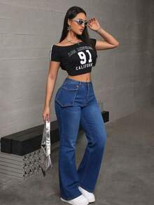 Jeans rectos y holgados de mezclilla lavado efecto levantador de glúteos elásticos sueltos varios colores disponibles - Azul profundo - Ver 6
