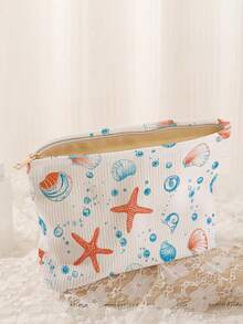 1pc Portable Cosmetic Storage Bag, Seashell & Starfish Ocean Series Pattern, Double-Sided Printed Travel Zipper Makeup Pouch, Multi-Functional Toiletry Organizer - Multicolor - View 5