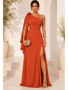 Bridesmaid Dress For Party Guests Reception Graduation Without Shine Cape Sleeve In Fluity Cpom Flower Brooch - Terracotta - View 1