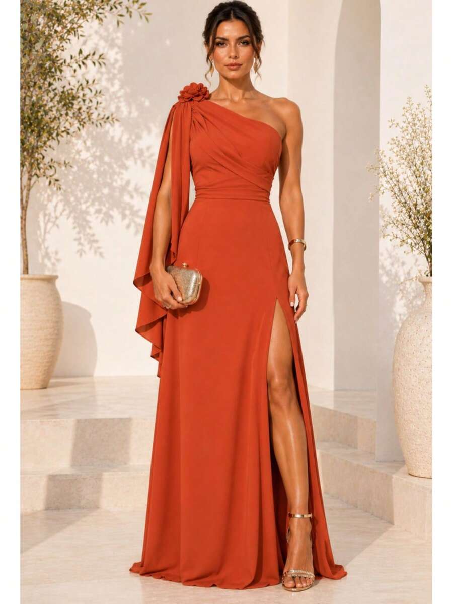 Bridesmaid Dress For Party Guests Reception Graduation Without Shine Cape Sleeve In Fluity Cpom Flower Brooch - Terracotta - View 1