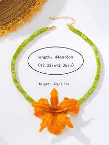 1pc Enamel White 3D Asymmetric Flower Necklace, Handmade Beaded Fashion High-End Elegant Cute Sweet Floral Choker Necklace, Exquisite Unique - Orange - View 2