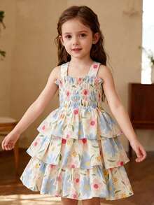 Girls' Spaghetti Strap Floral Print Cake Dress, Princess Dress, Refreshing Beach Holiday Dress - Apricot - View 1