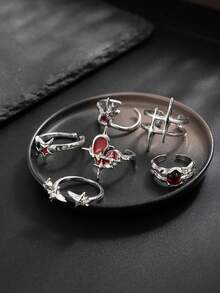 6piezas/Set Juego de Anillos Huecos con Strass de Moda para Hombres, Lujoso y Exquisito, Adecuado para Atuendos de Estilo Callejero de Lujo Ligero - Plateado - Ver 3