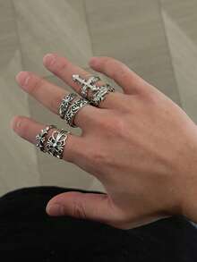 6pcs/Set Fashion Street Punk Style Cross Flower Ring Set, Suitable For Daily Wear And Holiday Decoration - Antique Silver - View 6