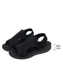 2026 Summer New Women's Sandals, Thick Sole Women's Shoes, Non-Slip Heel, Knitted Soft Sole, Soft Upper, Comfortable Women's Sandals, Non-Chafing Shoes, Slip-On, Petite Shoes, Vacation Style Fashion Women's Shoes, All Black Shoes - All Black - View 6