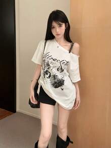American Style Graphic Print Asymmetrical Shoulder Short Sleeve T-Shirt, Sexy Loose Unique Chic Top For Women, Summer White - White - View 3