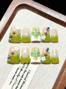 Press-On Fake Nails, Handmade Wearable Nails, Short Duck Shape, Nude With Green And White French Tips, Gradient Tie Dye Design, Hand-Painted Blue Stripes, Handmade 3D Green Floral Carving, Transparent Drag Design, White Pearls, 3D White Flowers And Gold Starfish Decoration, Rhombus Rhinestone Glitter, Fresh And Sweet Style, Exquisite And Elegant, Reusable - Lime Green - View 4