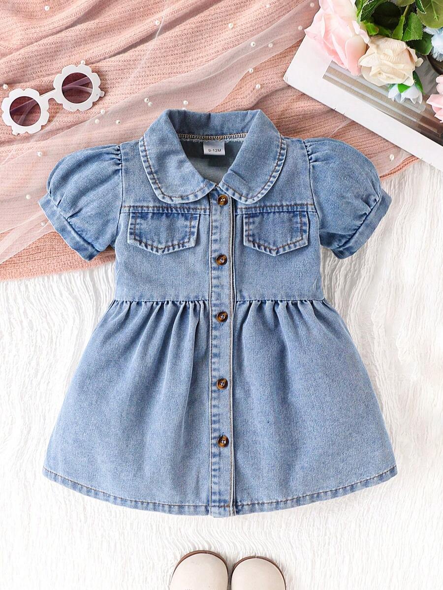 Vestido Denim com Manga Bufante e Botões para Meninas Bebê, Conjunto Casual/Diário/Festa para Meninas Bebê, Adequado como Presente - Lavagem clara - Visão 1