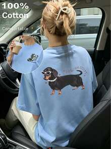 2026 Summer Women's Customized Pure Cotton Light Blue T-Shirt, Left Chest Cup-Holding Dog, Back Fashion Glasses Dachshund Dog, Red Lettering, Casual Style - Light Blue - View 10