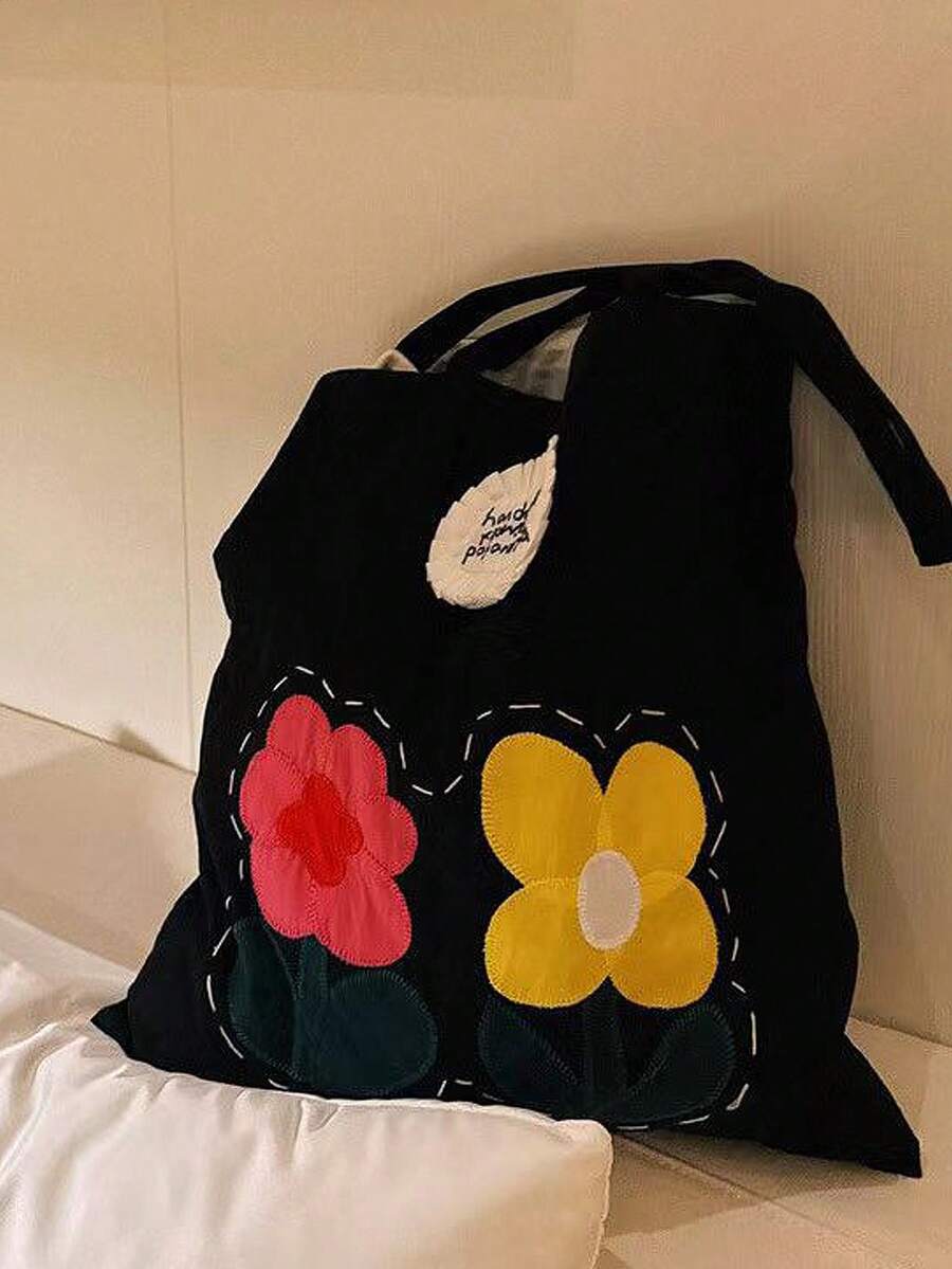 New Cute Patchwork Floral Shoulder Bag, Large Capacity Commuter Vacation Tote Bag, Premium Vintage Embroidered Handbag - Black - View 1