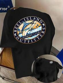 Herren-Freizeit-T-Shirt mit beidseitigem Druck – Blaues Marlin-Schriftzug-Design – Leichter und atmungsaktiver Stoff, geeignet für Freizeitkleidung und Urlaubsreisen. - Schwarz - Übersicht 1