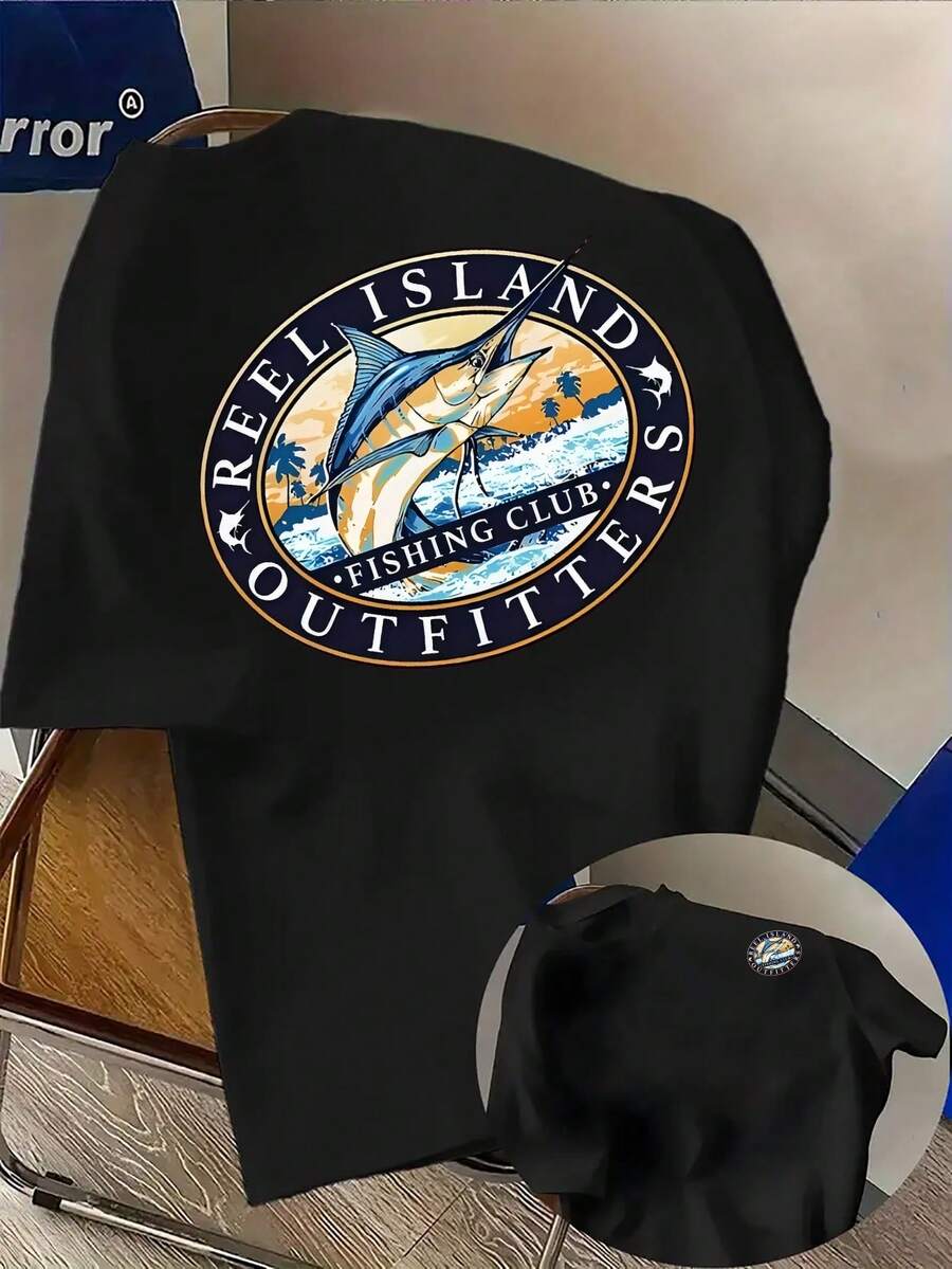 Herren-Freizeit-T-Shirt mit beidseitigem Druck – Blaues Marlin-Schriftzug-Design – Leichter und atmungsaktiver Stoff, geeignet für Freizeitkleidung und Urlaubsreisen. - Schwarz - Übersicht 1