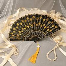 Sequined Embroidered Folding Hand Fan With Tassel, Spanish Style Dance Fan For Party Wedding Cosplay Decor - Black-shafted Sequined Folding Fan - View 8
