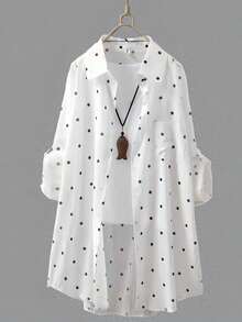 Camisa larga de mujer con lunares blancos, con cuello, manga larga, bolsillo con botón delantero, bajo regular, manga enrollada, camisa fluida, transpirable y ligera, protección solar para v - Blanco - Ver 1